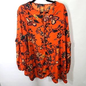 Boohoo Women's‎ Size 10 Orange Floral Blouse Long Sleeve/Tunic Ruffles Office